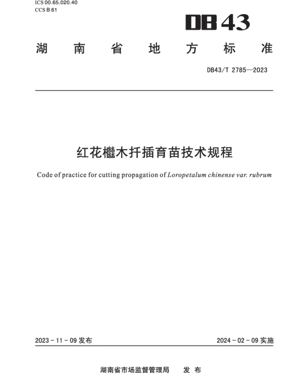 DB43T 2785-2023 红花檵木扦插育苗技术规程