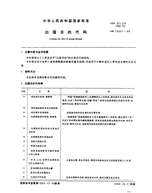 GB 10301-1988 出国目的代码