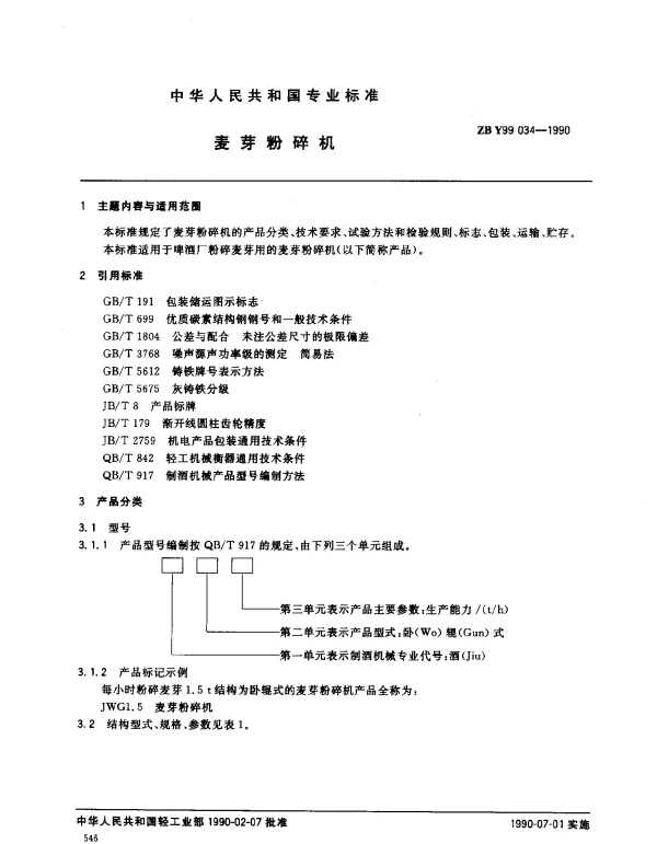 ZB Y99 034-1990 麦芽粉碎机