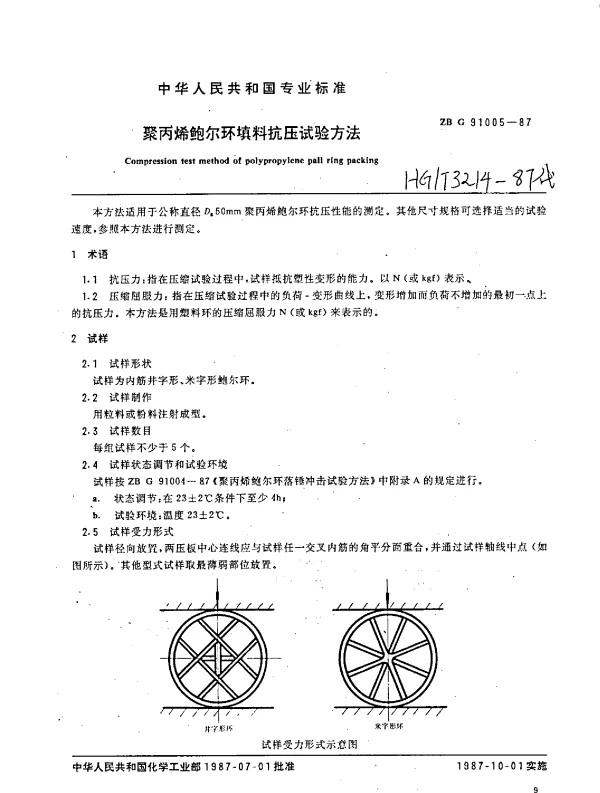 HGT 3214-1987 聚丙烯鲍尔环填料抗压试验方法