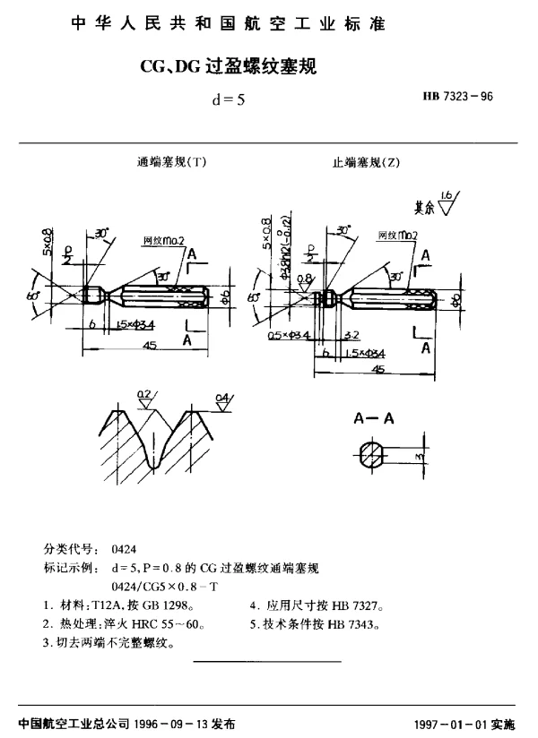 HB 7323-1996 CG、DG过盈螺纹塞规.d=5