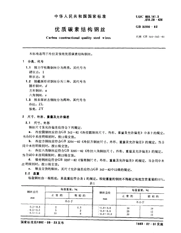 GB 3206-1982 优质碳素结构钢丝