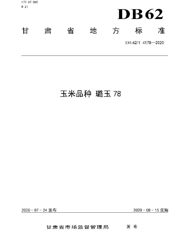 DB62T 4178-2020 玉米品种 璐玉78