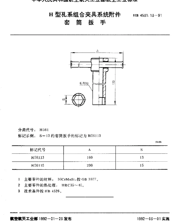 HB 4531.13-1991 H型孔系组合夹具系统附件.套筒扳手