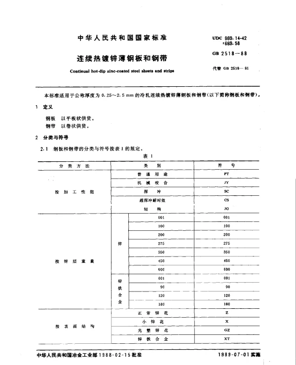 GB 2518-1988 连续热镀锌薄钢板和钢带