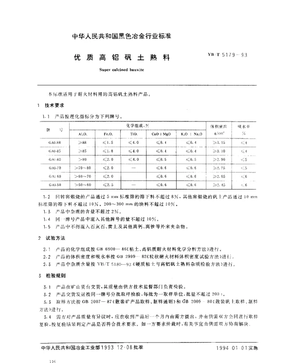 YBT 5179-1993 优质高铝矾土熟料