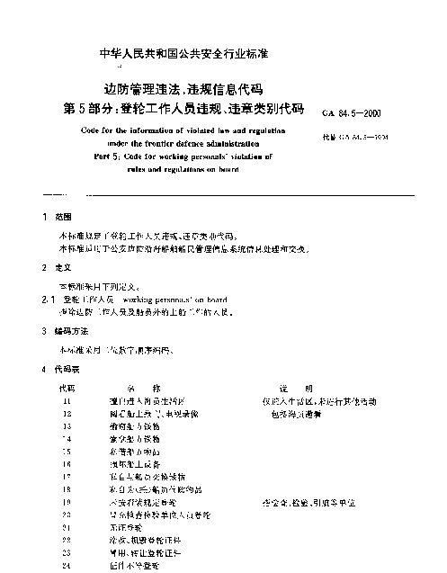 GA 84.5-2000 边防管理违法、违规信息代码.第5部分：登轮工作人员违规、违章类别代码