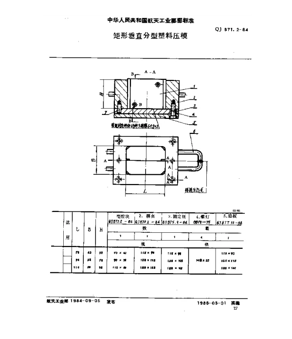 QJ 871.2-1984 塑料挤压模具 矩型垂直分型塑料压模