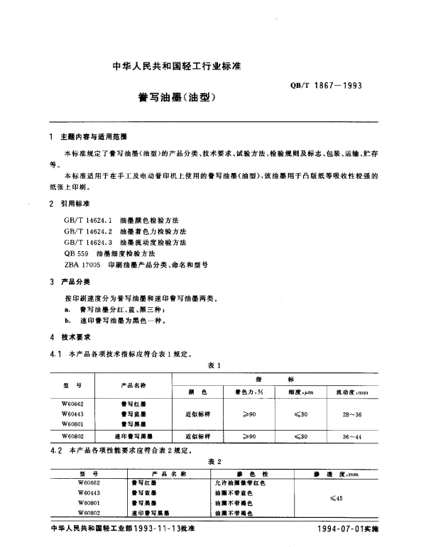 QBT 1867-1993 誊写油墨(油型)