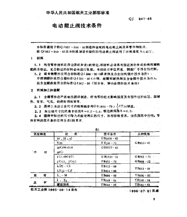 QJ 941-1985 电动截止阀技术条件