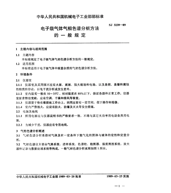 SJ 3239-1989 电子级气体气相色谱分析方法的一般规定