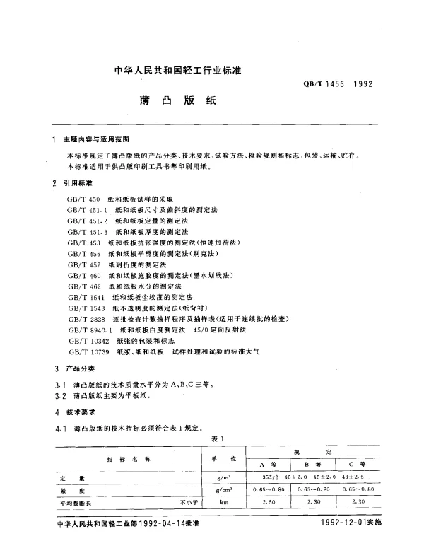 QBT 1456-1992 薄凸版纸