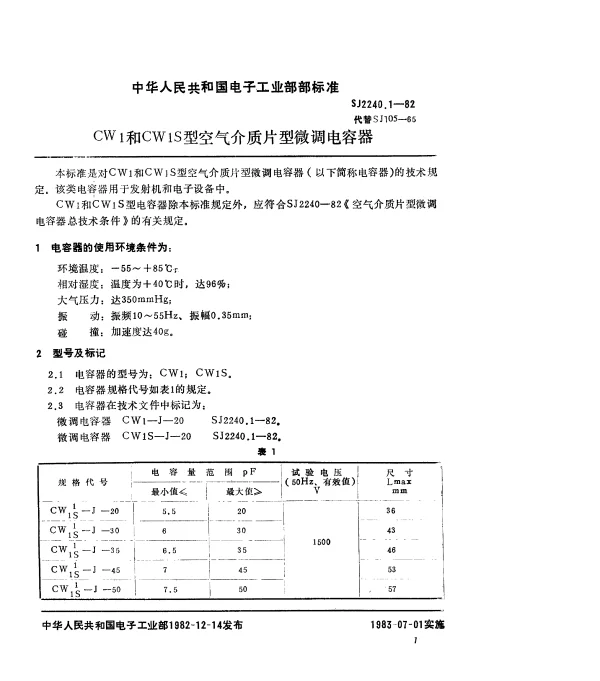 SJ 2240.1-1982 CW1和CW1S型空气介质片型微调电容器