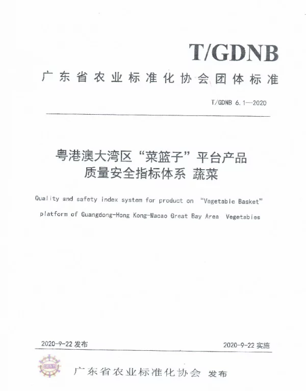 TGDNB 6.1-2020 粤港澳大湾区“菜篮子”平台产品质量安全指标体系 蔬菜
