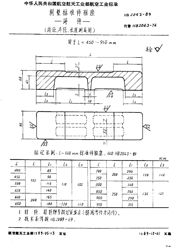 HB 2043-1989 调整标准件躯座.铸件(内径、外径、长度测具用)