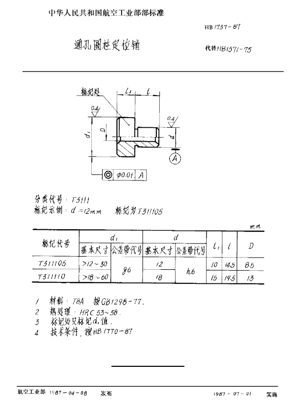 HB 1737-1987 通孔圆柱定位销