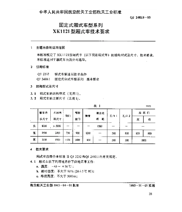 QJ 2480.9-1993 固定式厢式车型系列 XK1121型厢式车技术要求