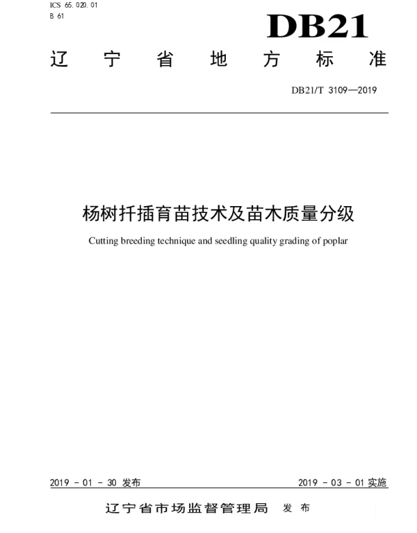 DB21T 3109-2019 杨树扦插育苗技术及苗木质量分级