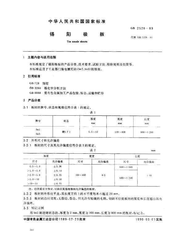 GB 2528-1989 锡阳极板