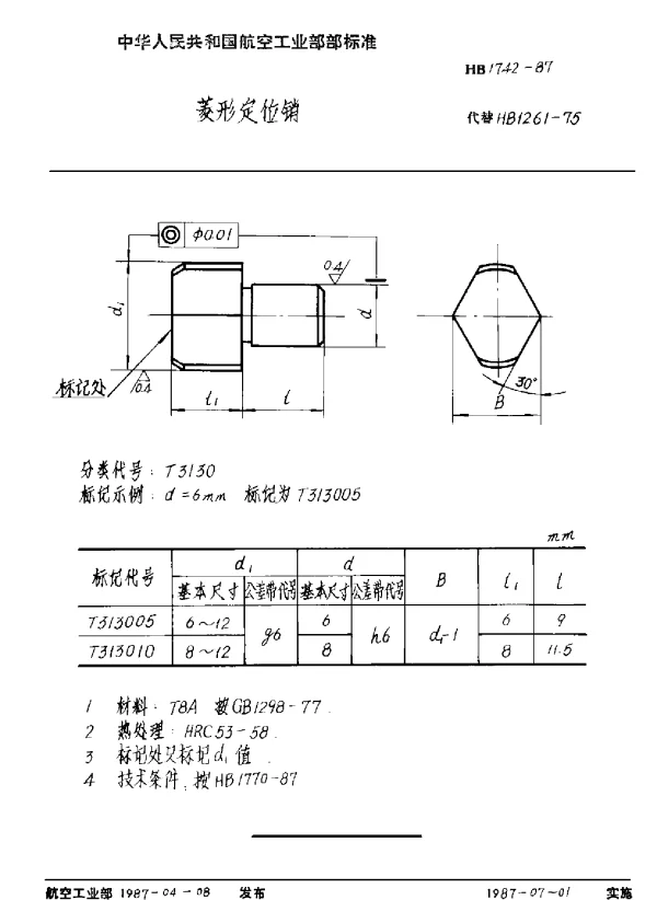 HB 1742-1987 菱形定位销