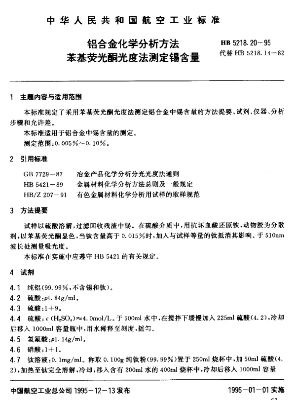 HB 5218.20-1995 铝合金化学分析方法：苯基荧光酮光度法测定锡含量