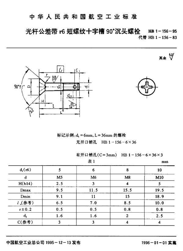 HB 1-156-1995 光杆公差带r6短螺纹十字槽90°沉头螺栓