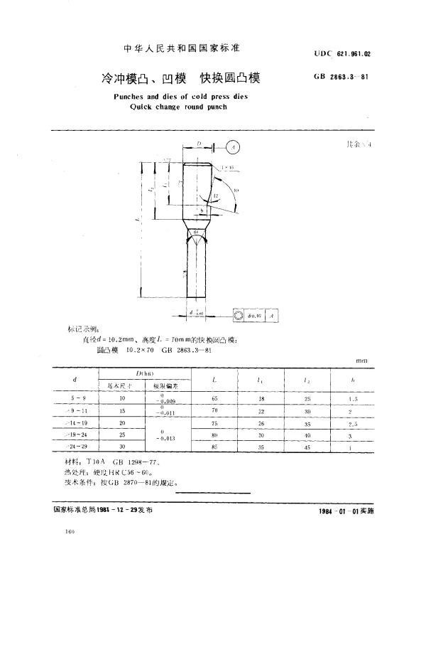 GB 2863.3-1981 冷冲模凸、凹模 快换圆凸模