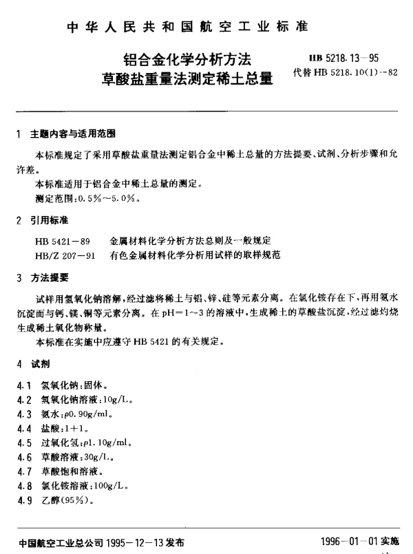 HB 5218.13-1995 铝合金化学分析方法.草酸盐重量法测定稀土总量