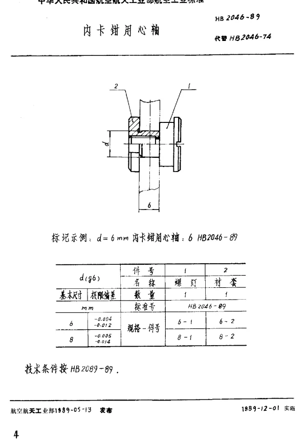 HB 2046-1989 内卡钳用心轴
