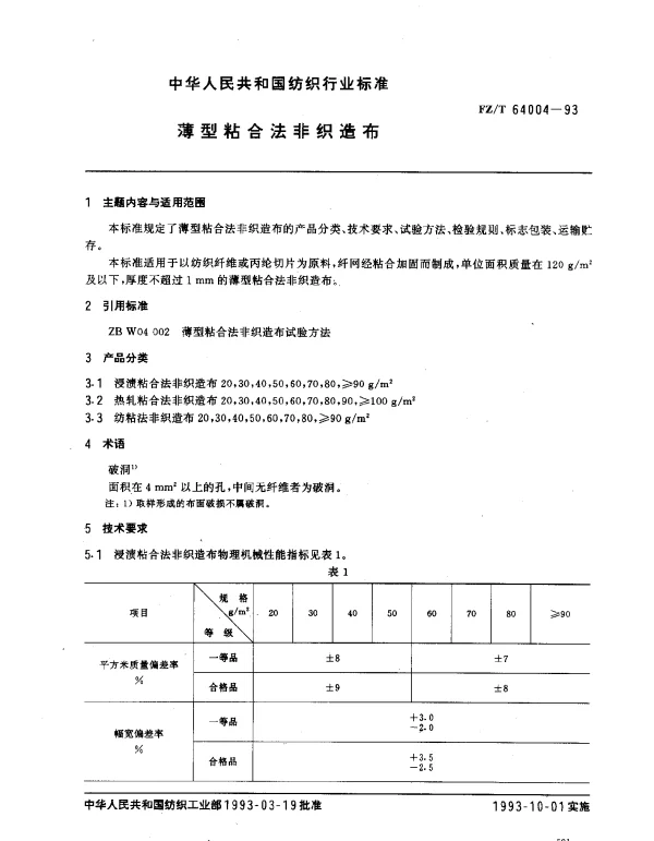 FZT 64004-1993 薄型粘合法非织造布