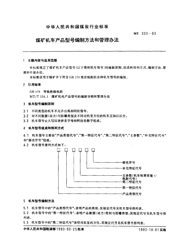 MT 333-1993 煤矿机车产品型号编制方法和管理办法