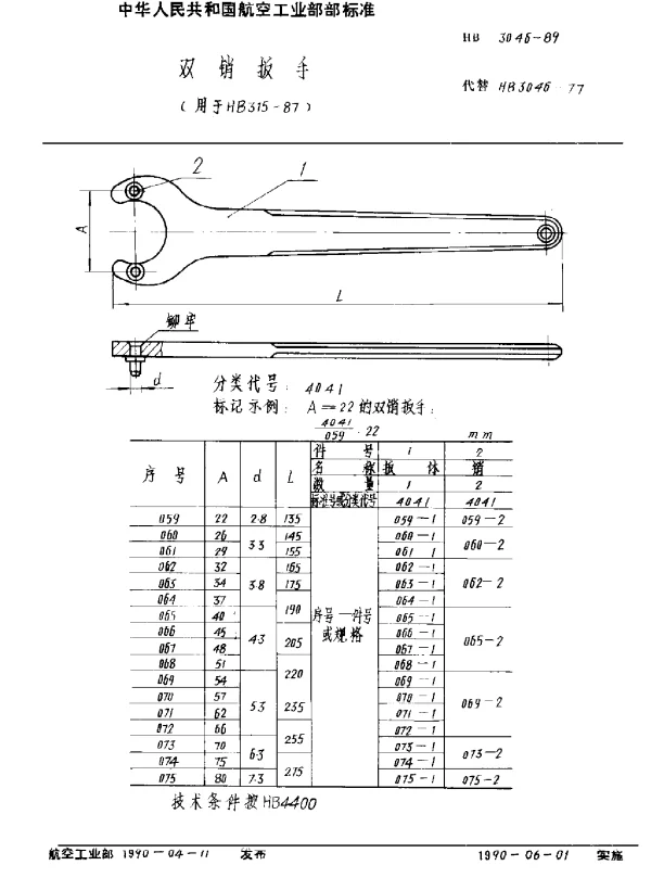 HB 3046-1989 双销扳手(用于HB 315-87)