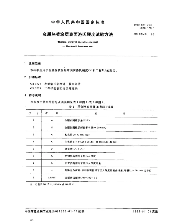 GB 8640-1988 金属热喷涂层表面洛氏硬度试验方法