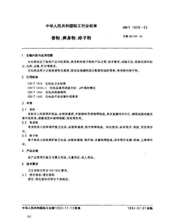 QBT 1859-1993 香粉、爽身粉、痱子粉