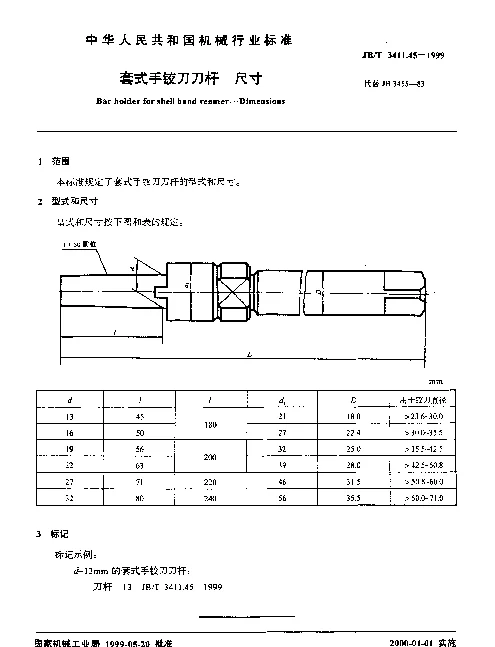 JBT 3411.45-1999 套式手铰刀刀杆.尺寸