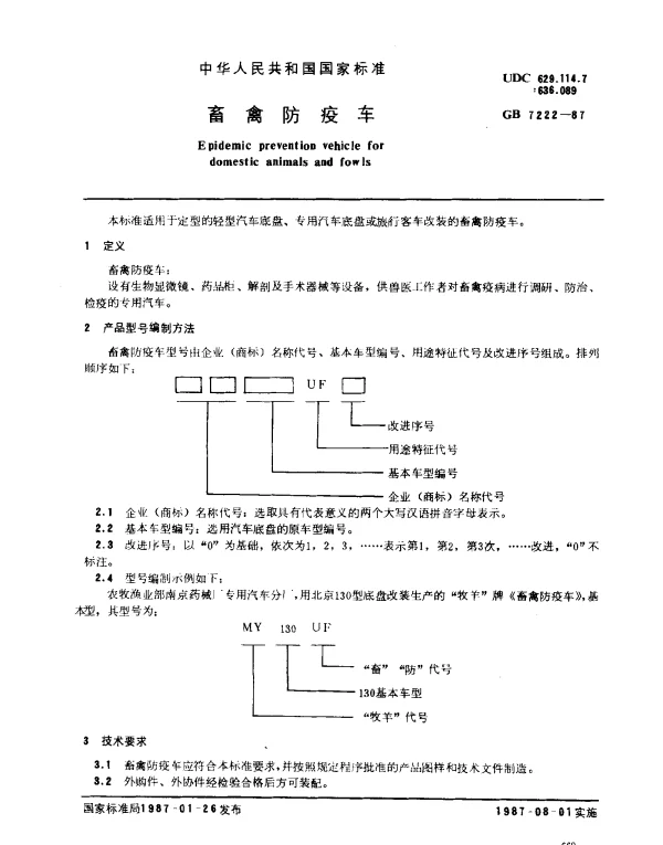 GB 7222-1987 畜禽防疫车
