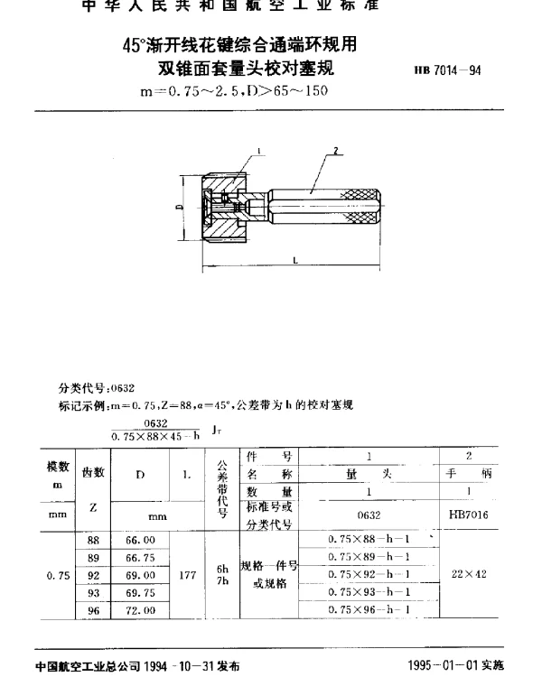 HB 7014-1994 45°渐开线花键综合通端环规用双锥面套量头校对塞规.m=0.75~2.5,D65~150