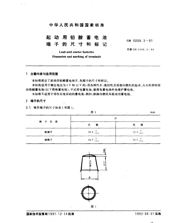 GB 5008.3-1991 起动用铅酸蓄电池 端子的尺寸和标记