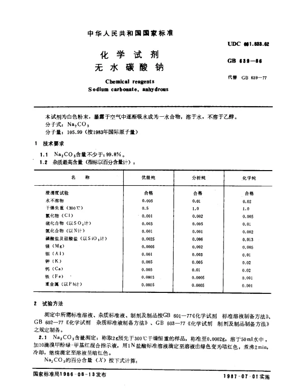 GB 639-1986 化学试剂 无水碳酸钠