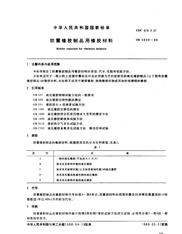 GB 9899-1988 防震橡胶制品用橡胶材料
