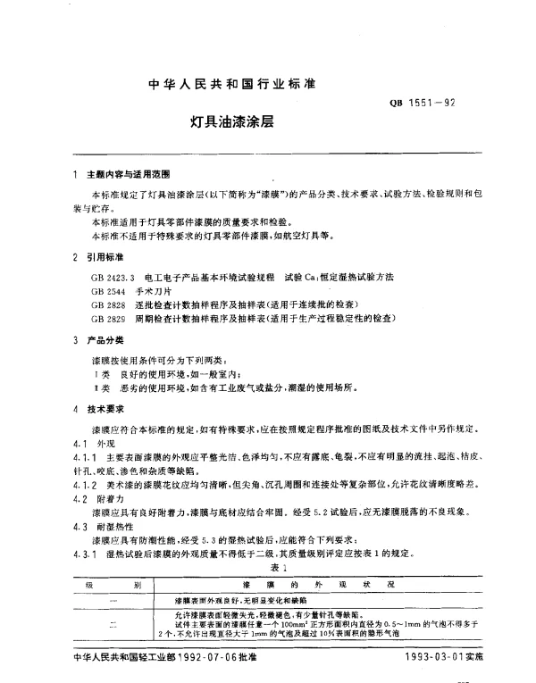 QB 1551-1992 灯具油漆涂层