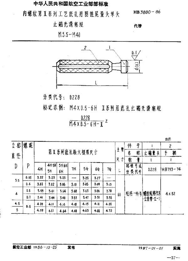 HB 3880-1986 内螺纹第Ⅱ系列工艺底孔用圆锥尾量头单头.止端光滑塞规.M3.5~M40