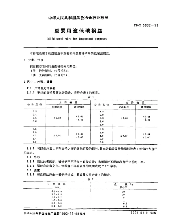 YBT 5032-1993 重要用途低碳钢丝