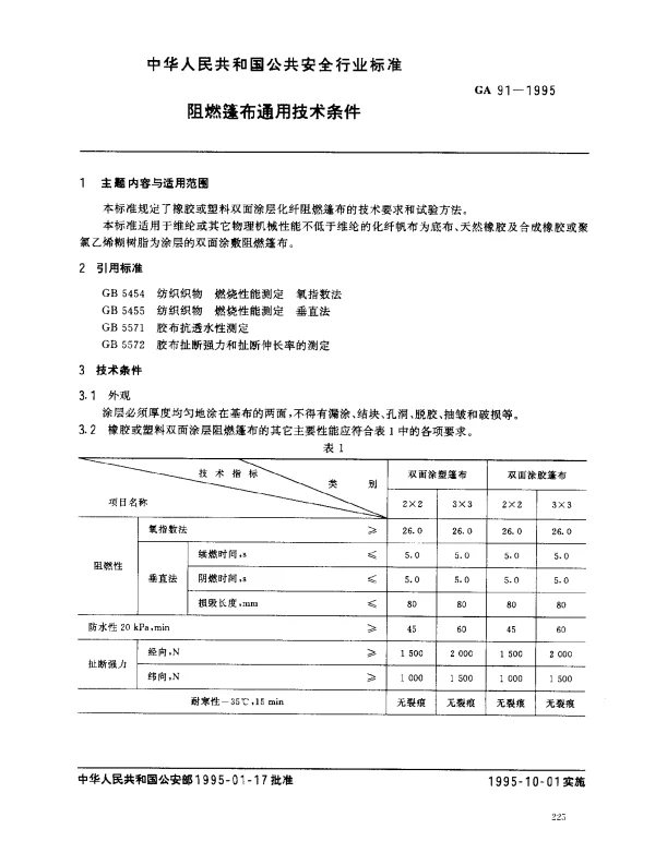 GA 91-1995 阻燃篷布通用技术条件