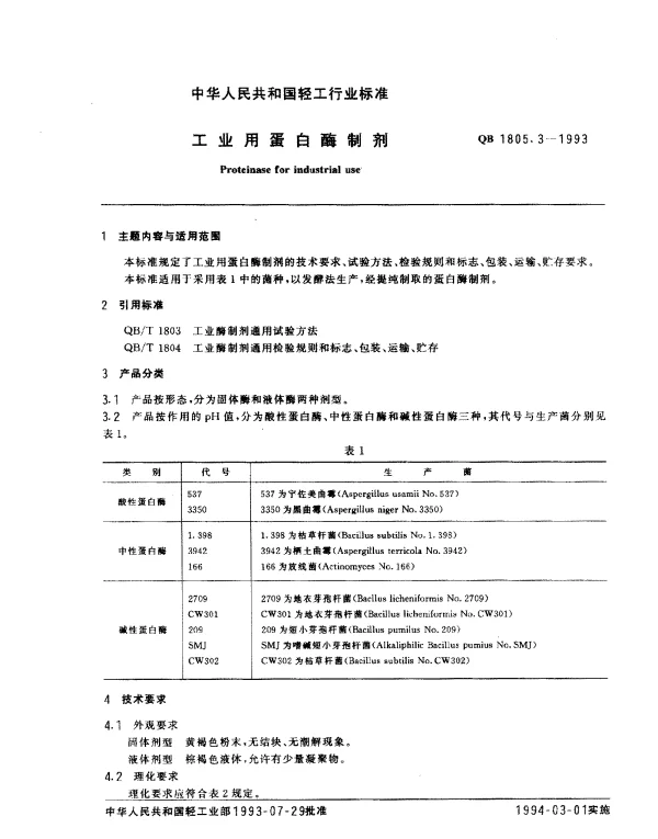QB 1805.3-1993 工业用蛋白酶制剂