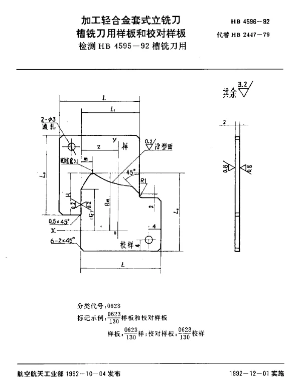 HB 4596-1992 加工轻合金套式立铣刀槽铣刀用样板和校对样板.检测HB 4595-92槽铣刀用
