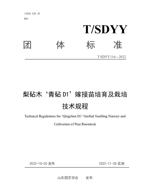 TSDYY 116-2022 梨砧木‘青砧D1’嫁接苗培育及栽培技术规程