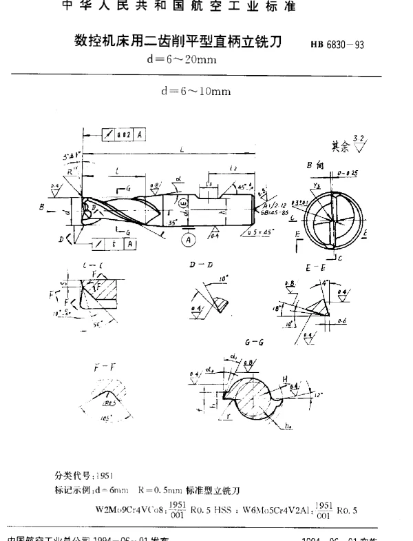 HB 6830-1993 数控机床用二齿削平型直柄立铣刀.d=6~20mm
