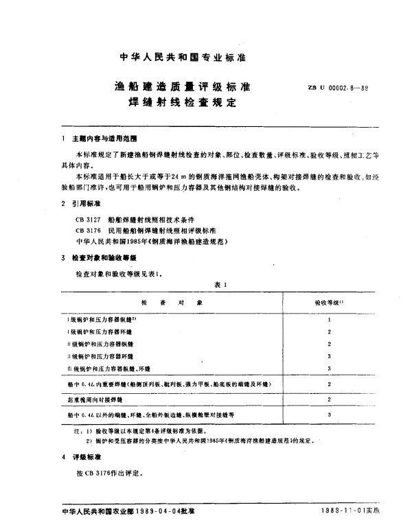 ZB U 00002.8-1989 渔船建造质量评级标准焊缝射线检查规定