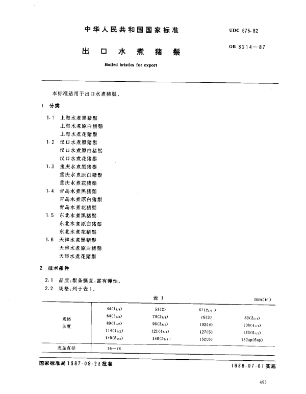GB 8214-1987 出口水煮猪鬃